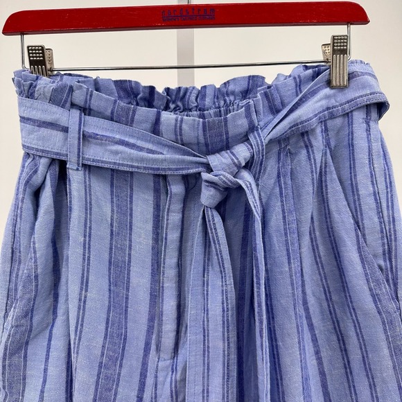 A New Day Striped High Rise Linen Blend Ruffle Waist Paperbag Shorts Size L Blue - Picture 5 of 10